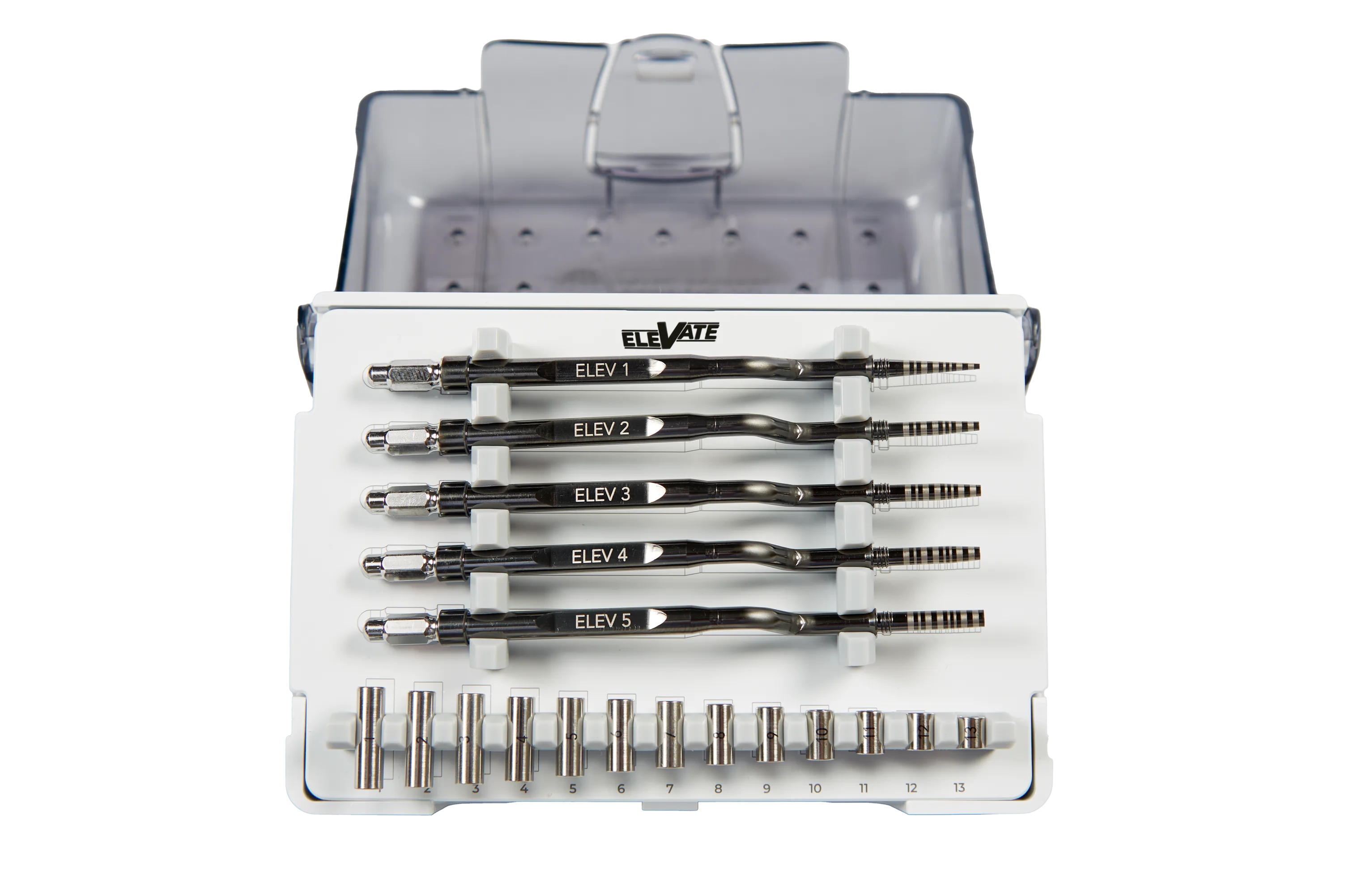 Kit Elevate aperto - vista frontale con 5 inserti ELEV 1-5 e MacroStop